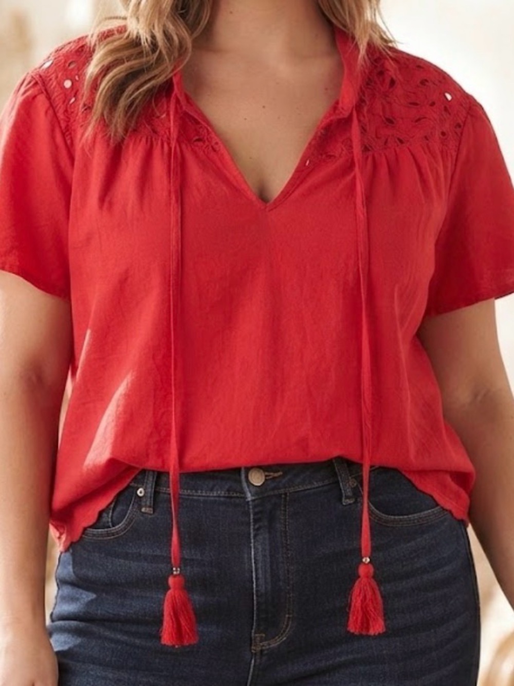 Knox Rose Boho Red Embroidered Tassel Tie Neck Tunic Blouse Top Plus Size XXL